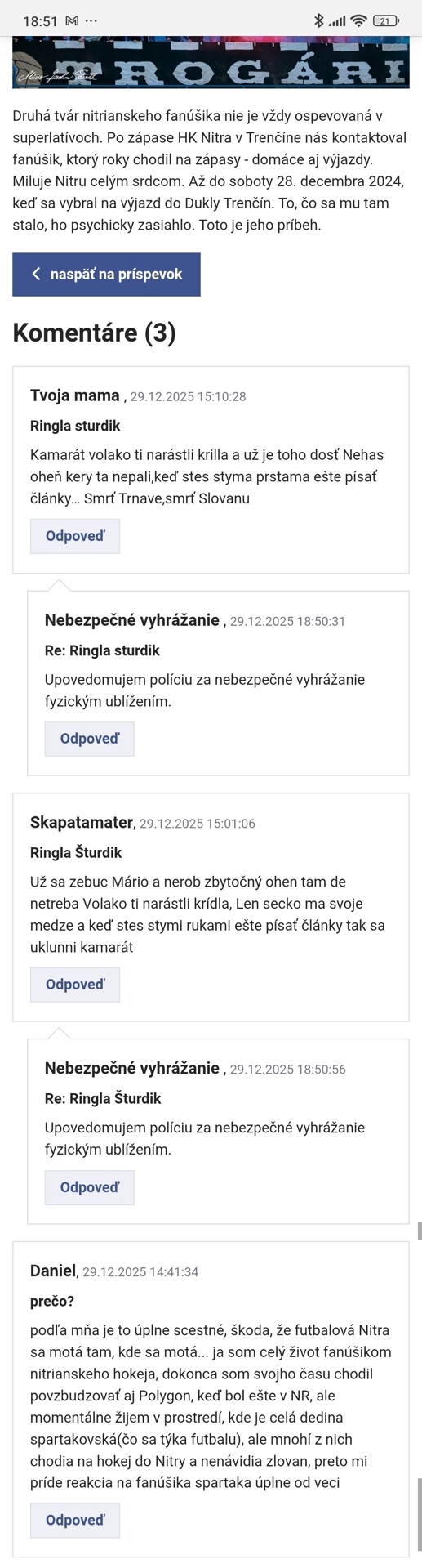 Člen fansu sa vyhráža autorovi článku za to ze publikuje pravdu Vyhrážanie autorovi článku