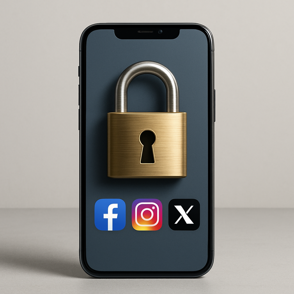 Veľký zámok uzamykajúci sociálne siete – symbol štátnej regulácie a obmedzenia slobody na internete